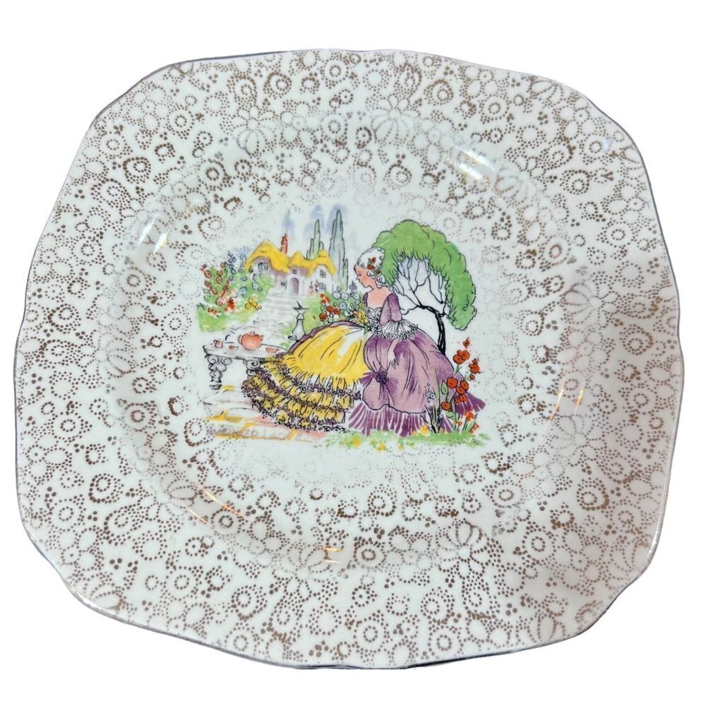 Vintage H&K Made in England Gold Chintz Crinoline Lady plate 8”